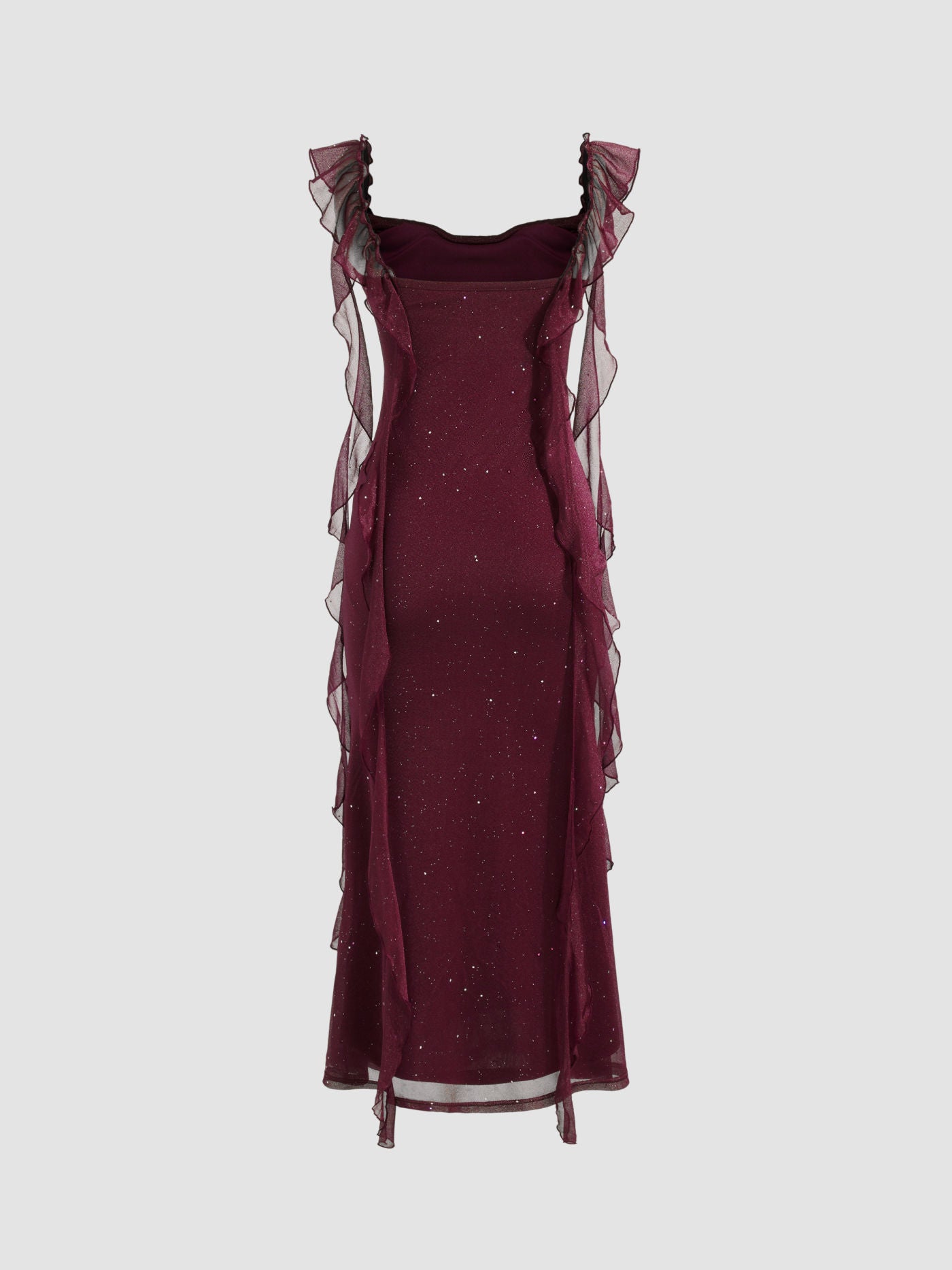 Vestido largo con cuello vuelto y volantes