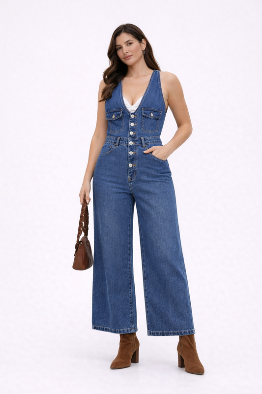 Mono vaquero de pierna ancha con cuello en V